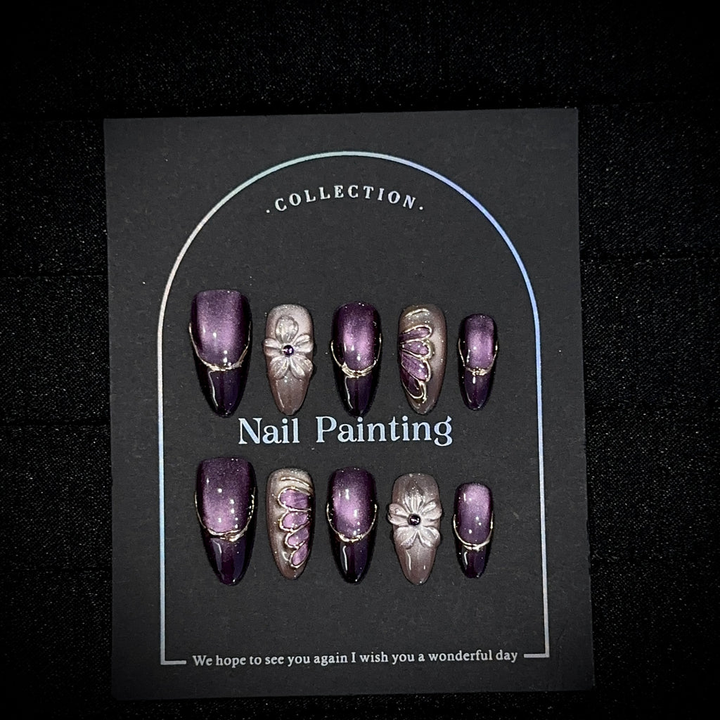 Luxury Purple Cat-Eye Almond Press-On Nails – Handmade 3D Sculpted Floral False Nails 💜