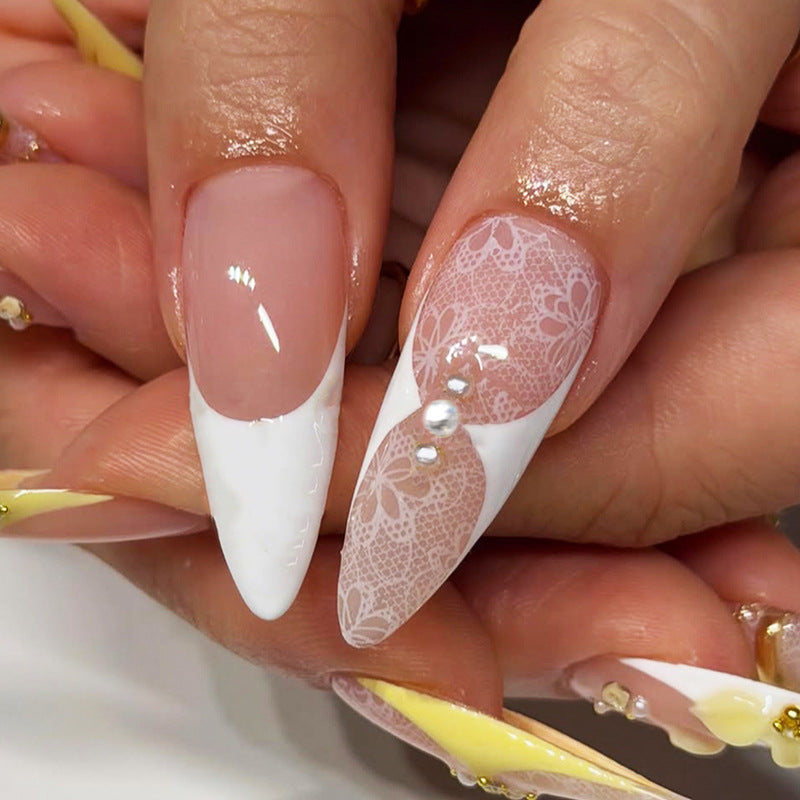 Sheer Pink Nude Lace Press-On Nails – 3D French Pearl Stiletto Nails, Elegant & Flattering ✨