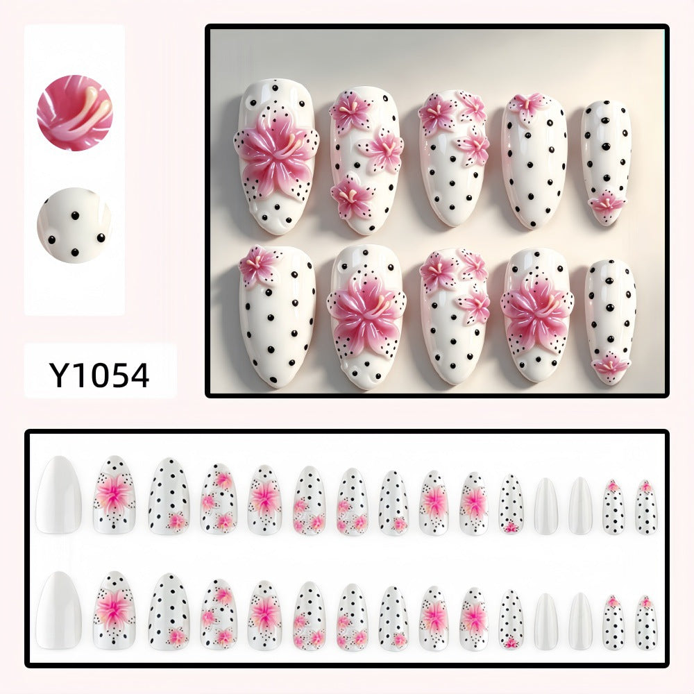 Fresh & Feminine 3D Floral Sculpted Milky White Polka Dot Almond Press-On Nails, 30-Piece Set, Reusable Fake Nails for Nail Art