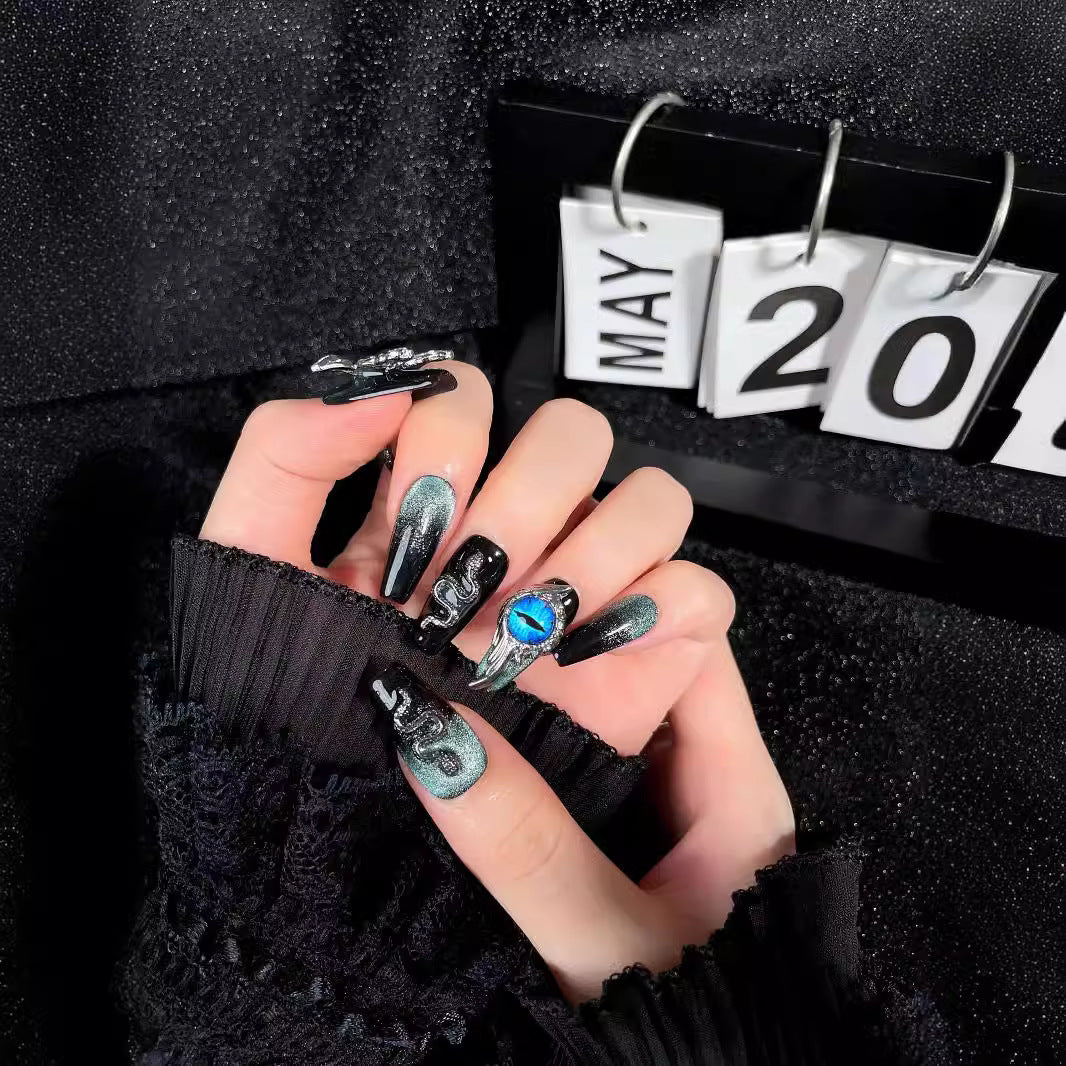 Handcrafted Premium Press-On Nails, 3D Metal Butterfly False Nails, Reusable & Removable, “Deep Sea Eyes” Medium Coffin Shape