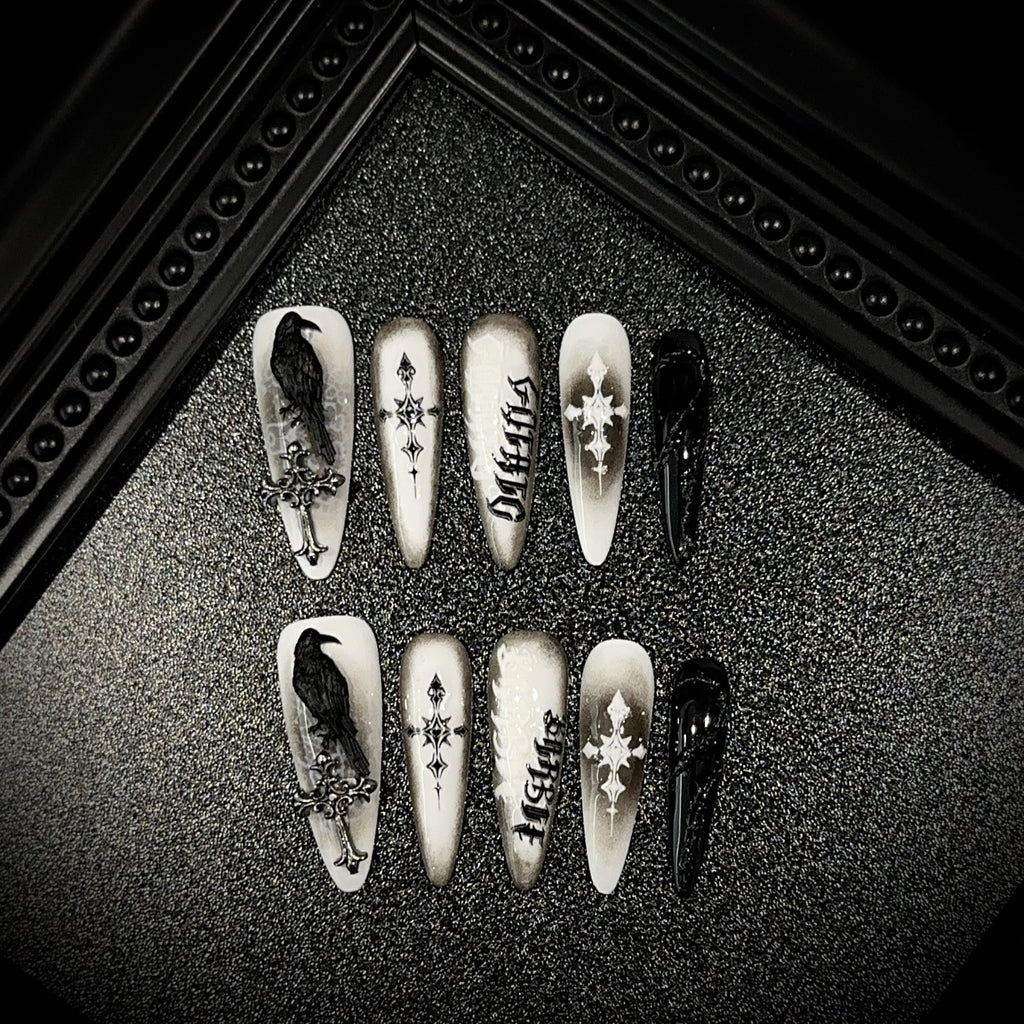 Handmade Halloween Press-On Nails | Black & White Gothic 3D Raven & Cross Long False Nails | Reusable Statement Nail Tips