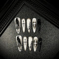 Handmade Halloween Press-On Nails | Black & White Gothic 3D Raven & Cross Long False Nails | Reusable Statement Nail Tips