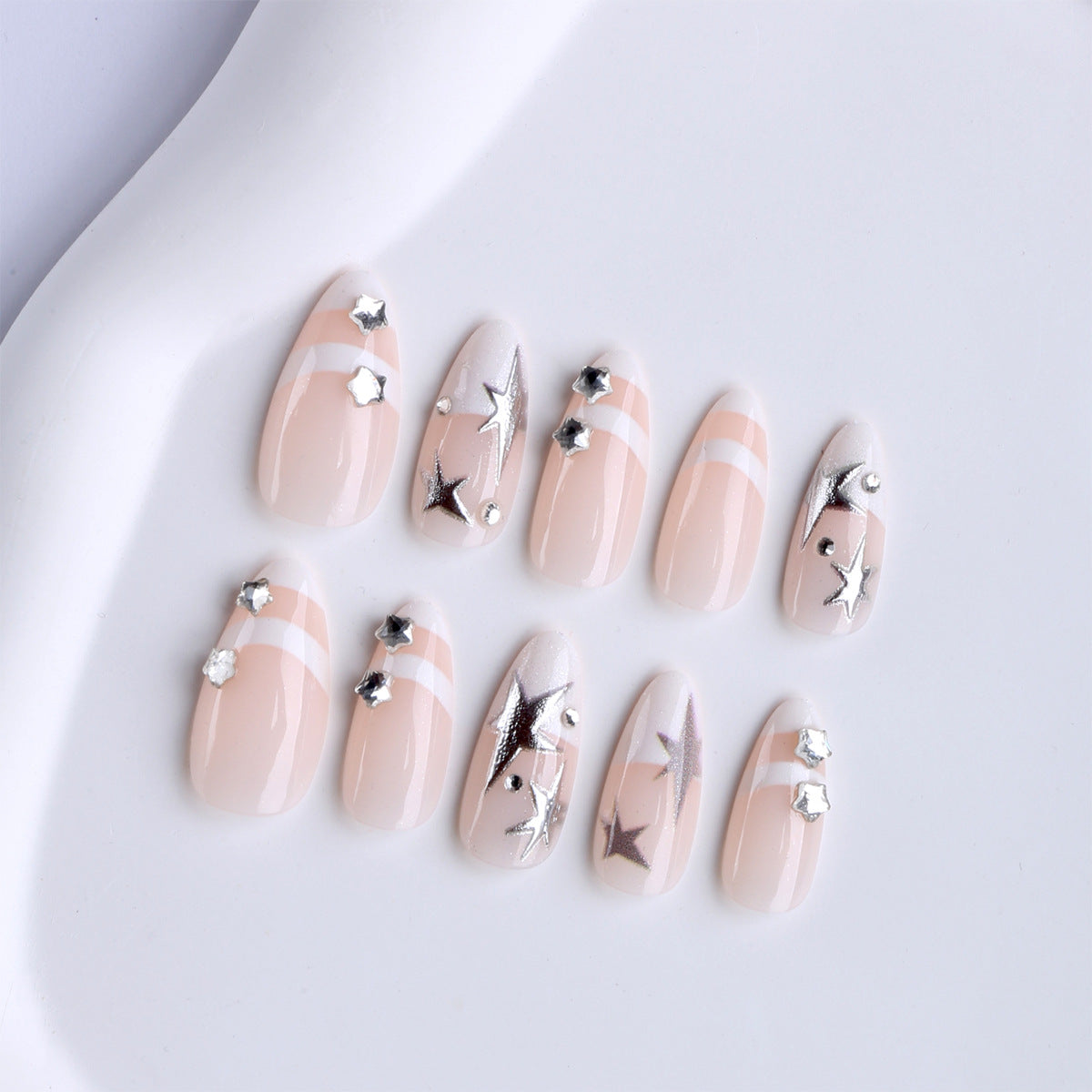 Minimalist French Press-On Nails, Handmade Star Rhinestone Almond Nails, Elegant European & American Style