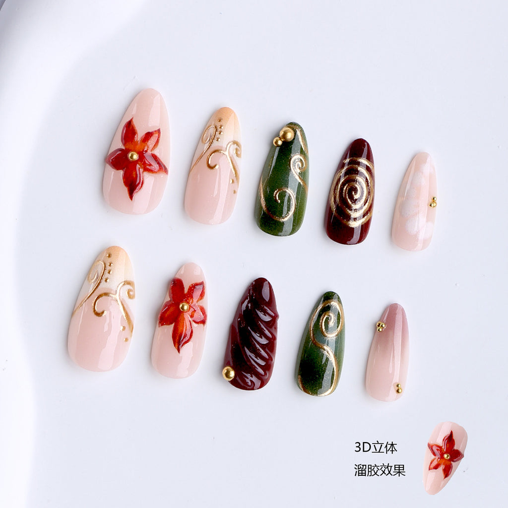 Almond 3D Maple Leaf Press-On Nails, Gold-Accented Luxe Design, Trendy European & American Style False Nail Tips 🍁✨💅
