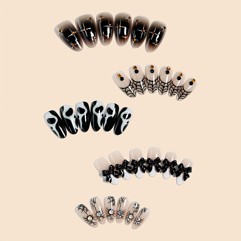 Handmade Halloween Almond Press-On Nails, Spider Web Design with Bow & Rhinestone Accents, Cute Trendy False Nails, Nail Tips for Women & Girls