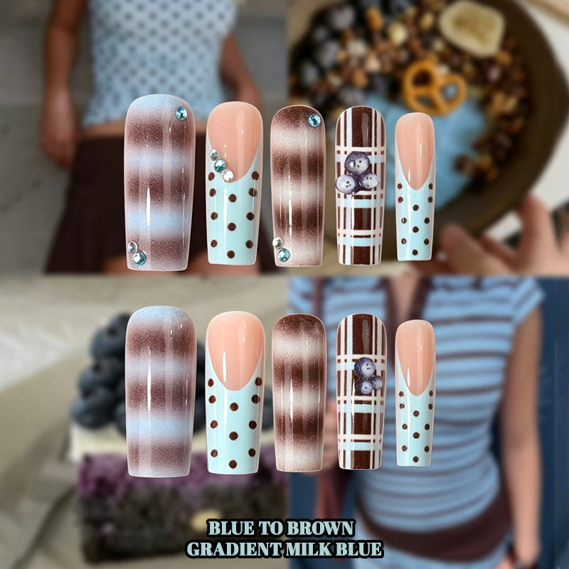 Y2K Blue & Brown Plaid Polka Dot Press-On Nails – 3D Blueberry Design, Unique Long False Nails