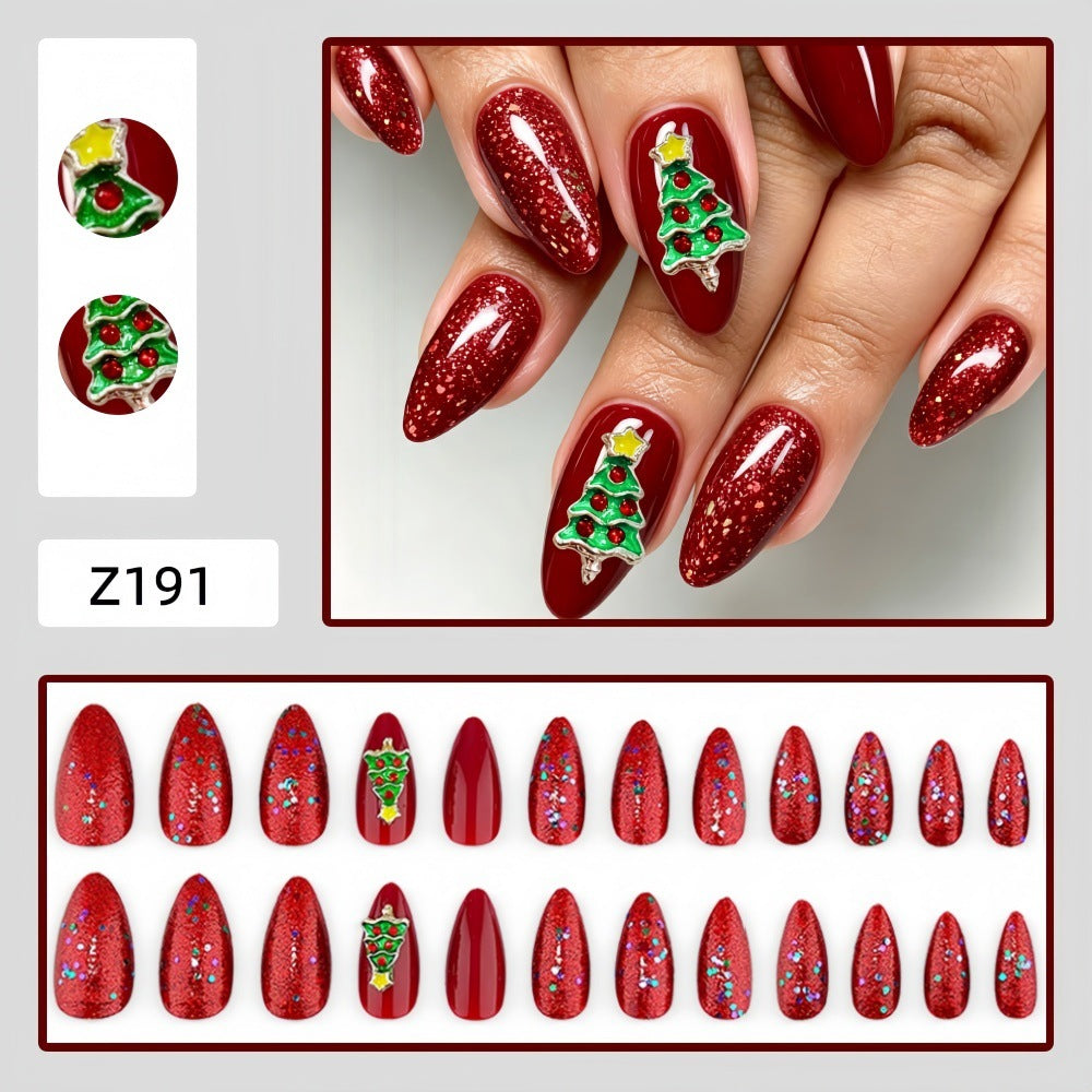 Burgundy Christmas Press-On Nails – 3D Rhinestone Christmas Tree, Fine Glitter Almond-Shaped Medium False Nails, Reusable Holiday Nail Art Tips