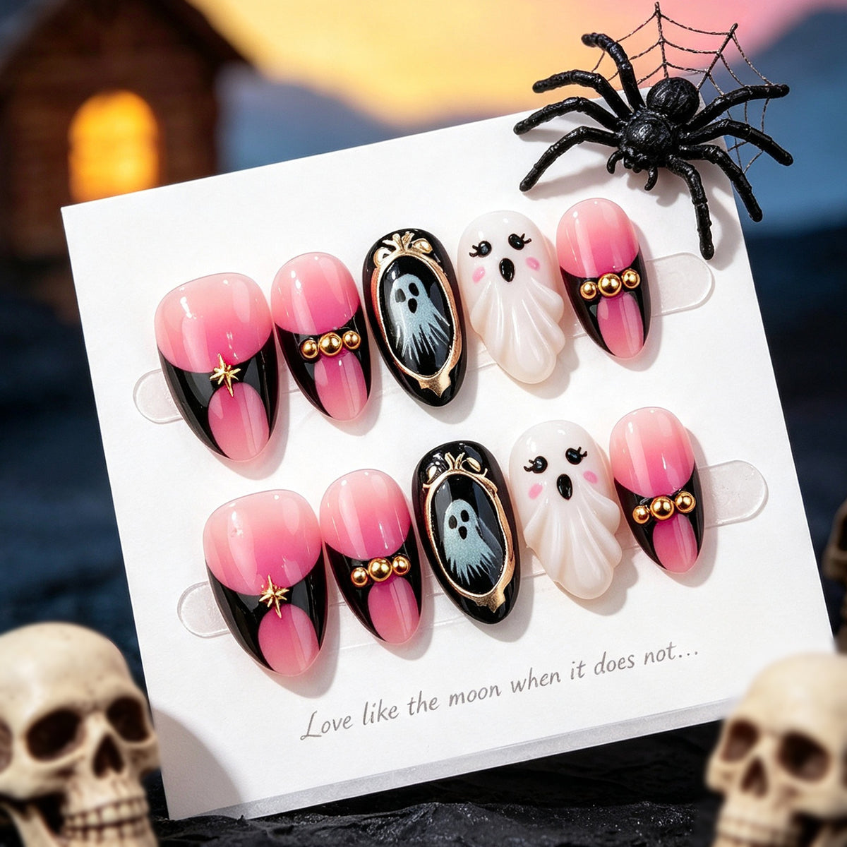 Pink Halloween Ghost Press-On Nails – 3D Gold Almond Nails with Cute Blush Design, 30-Piece Set