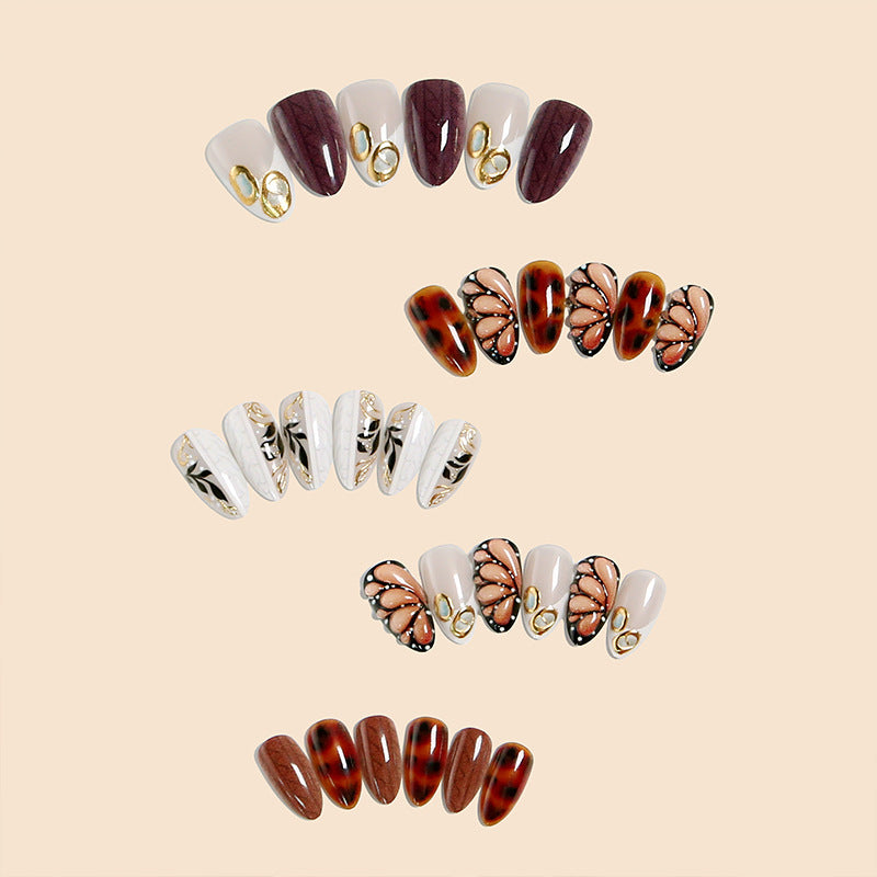 Handmade 3D Embossed Press-On Nails, Hand-Painted Butterfly & Leopard Print, Almond-Shaped Mocha Brown False Nails, Elegant Luxury Nail Tips for Women
