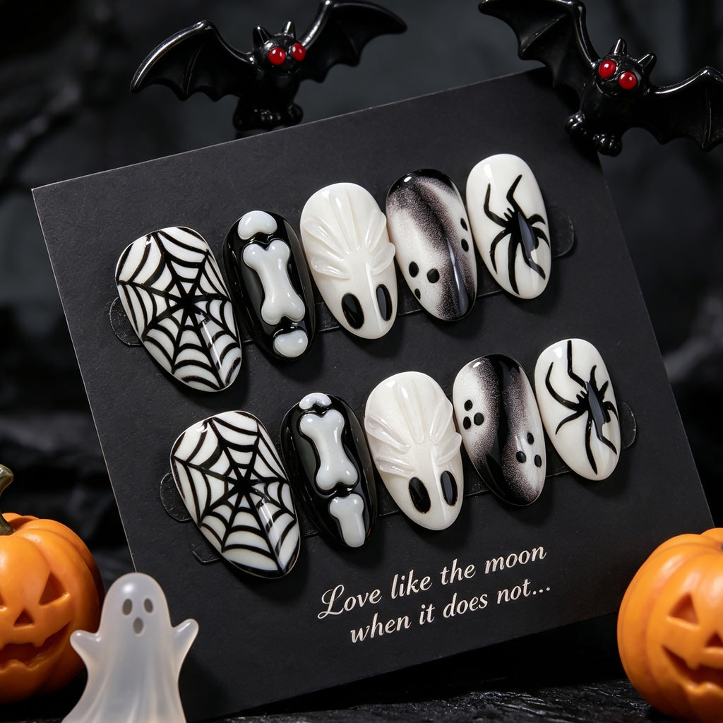 Cute 3D Ghost Halloween Press-On Nails – Short Almond Nails with Spider Web Design, In Stock