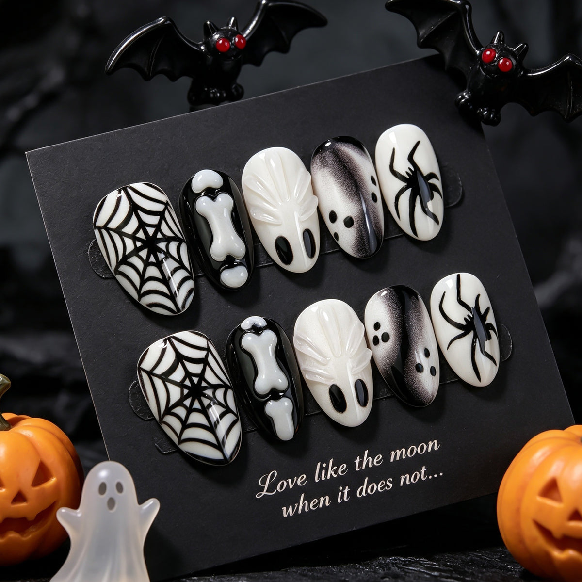 Cute 3D Ghost Halloween Press-On Nails – Short Almond Nails with Spider Web Design, In Stock