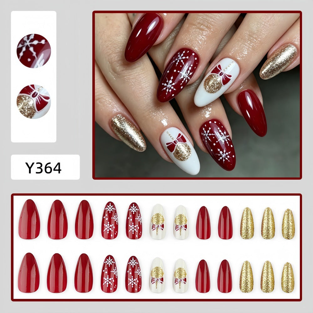 Christmas Press-On Nails – Trendy Red Snowflake & Gold Glitter Almond Nails, Removable & Reusable Holiday Nail Art Tips