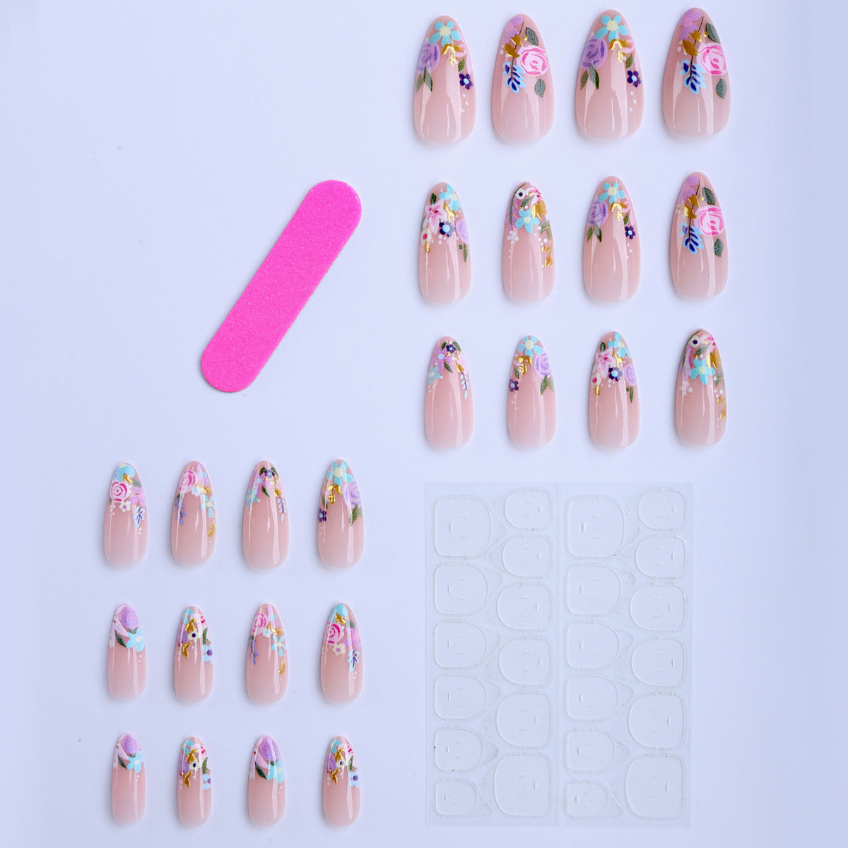 Handmade Almond Press-On Nails, Gold Floral Print Design with Gilded Gold Accents, Elegant Luxury False Nails for Women