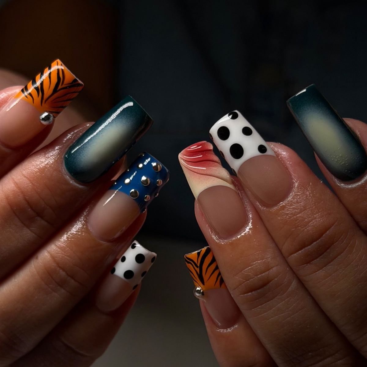 Handmade Long French Press-On Nails, Tubular Shape with Silver Bead Accents and Elegant Ombre Design, Premium False Nails for a Sophisticated Look