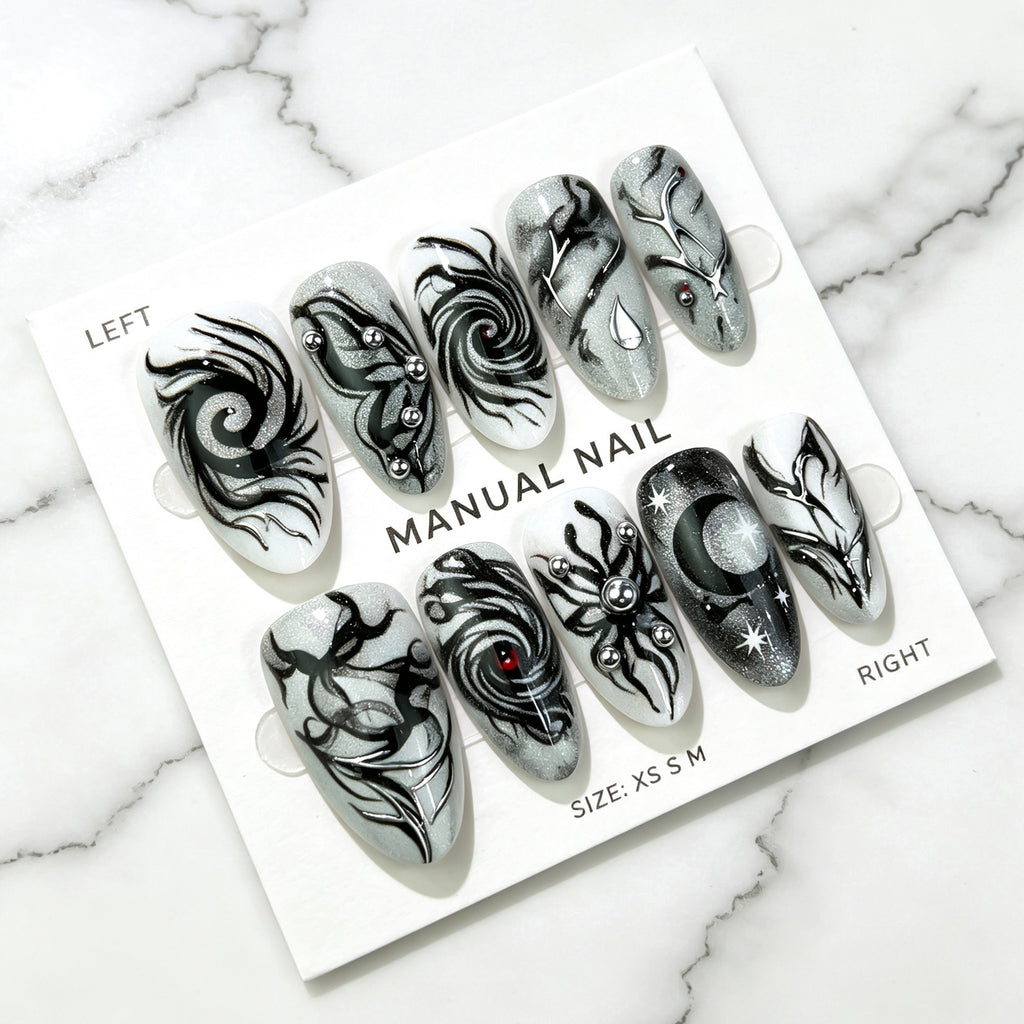 Y2K Gothic Press-On Nails – Dark Swirl & Gold Foil Almond Nail Set, 30 Pieces