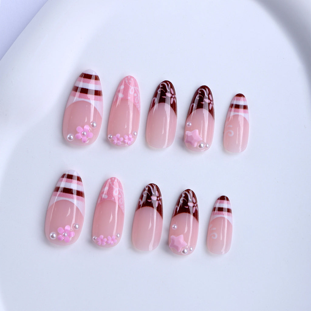 Handmade Almond Press-On Nails, Pink & Brown Striped Floral Nail Tips, Flower & Line Design Reusable False Nails 🌸💅