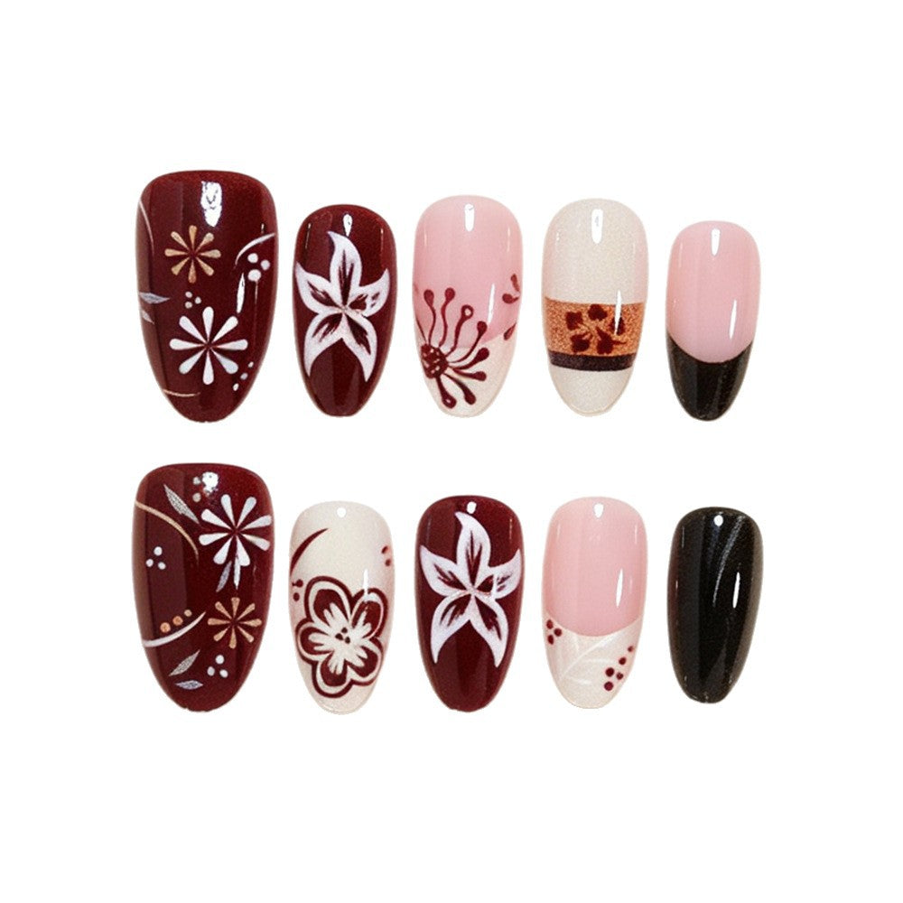 Fall Maple Leaf Floral French Press-On Nails, Brown Almond False Nails, Elegant Vintage Autumn Winter Nail Design