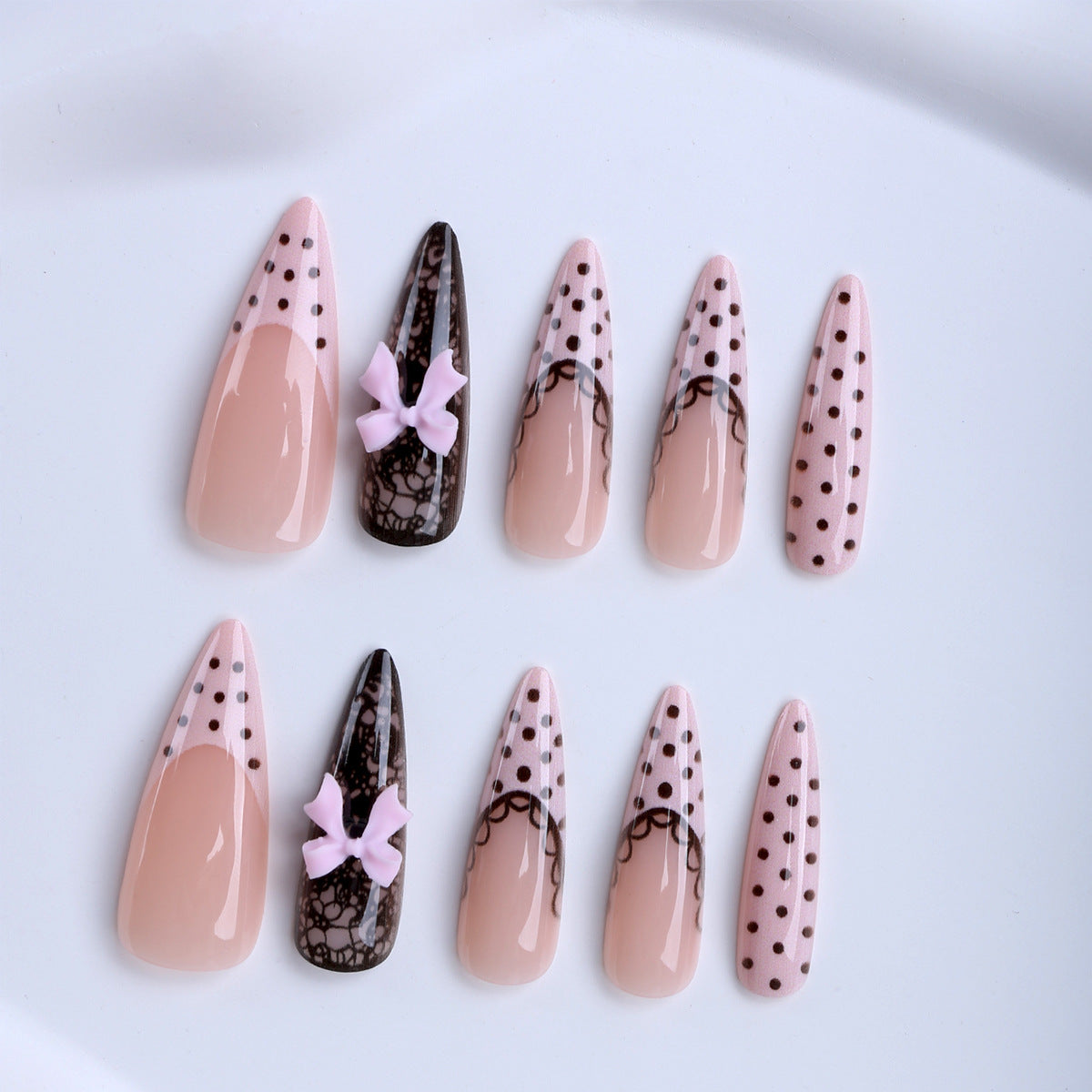 Handmade Almond Press-On Nails, Edgy Black Lace French Tips with Chic Polka Dots, Y2K Aesthetic Fake Nails, Elegant & Trendy Reusable Nail Art