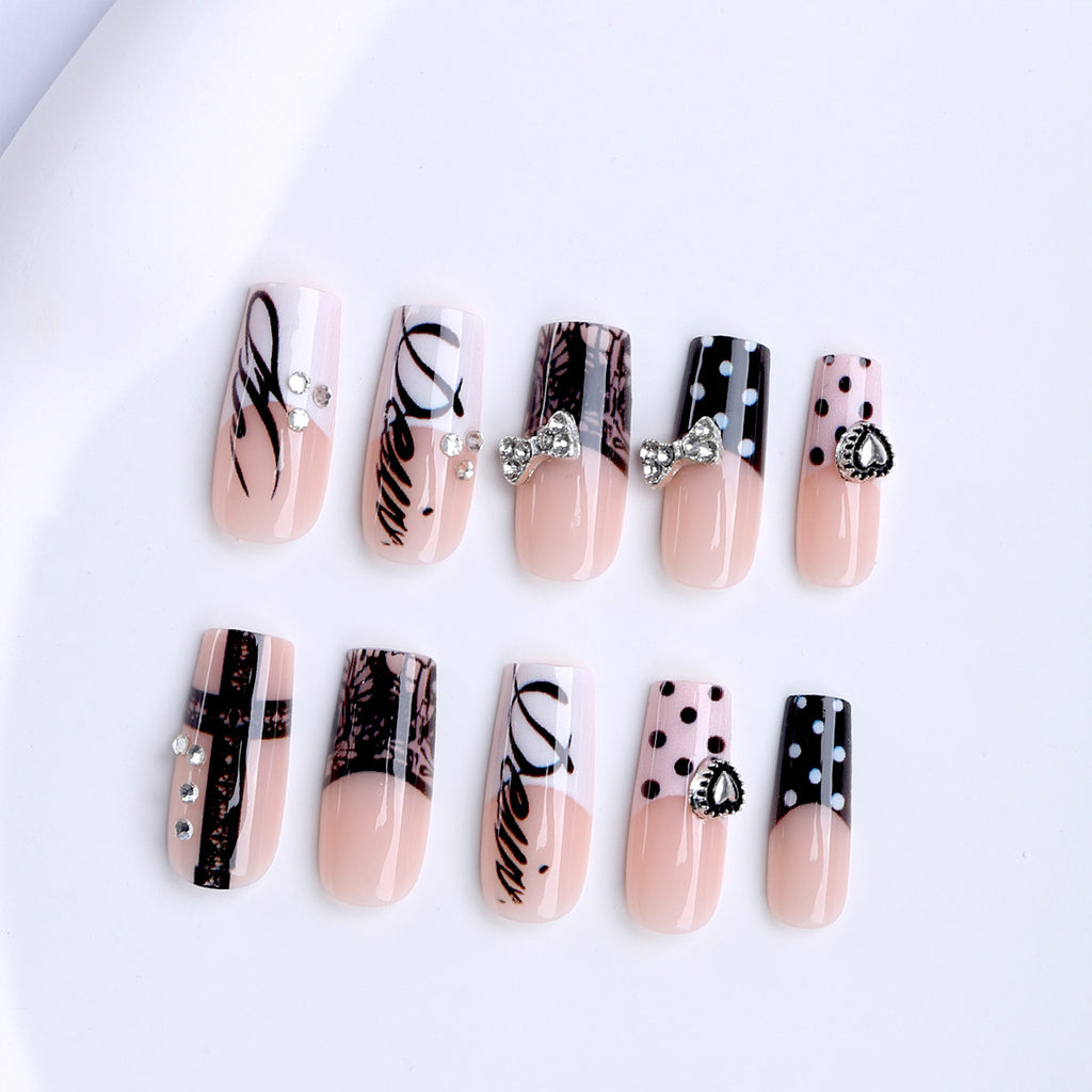 Square French Tip Press-On Nails, Edgy Dark-Style False Nails, French, Y2K Glam, European & American, Sweet & Cool Nail Tips 🖤💅