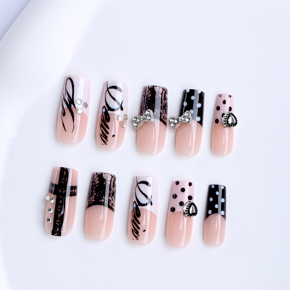 Square French Tip Press-On Nails, Edgy Dark-Style False Nails, French, Y2K Glam, European & American, Sweet & Cool Nail Tips 🖤💅