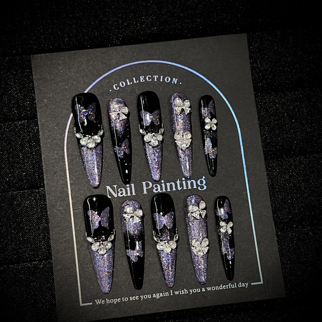 Handmade Purple Cat Eye Press-On Nails | Long Stiletto Gothic Nails with 3D Dark Butterfly & Rhinestone Accents | Reusable False Nail Tips