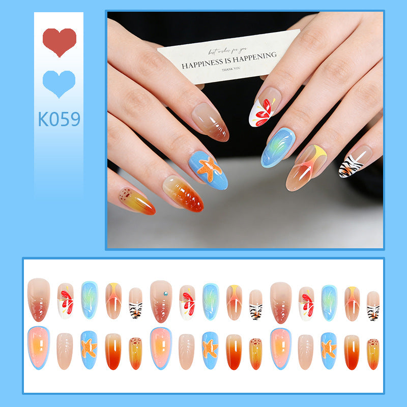 Handmade 3D Press-On Nails, Starfish & Seashell Almond False Nails with Floral Blush Gradient, Tropical Island Vacation Style Nail Tips for Women