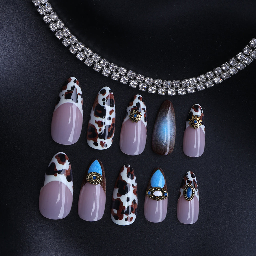Almond Cow Print Press-On Nails, Retro Luxe Embossed Design, Stylish 3D Textured False Nail Tips 🐄🤎💅