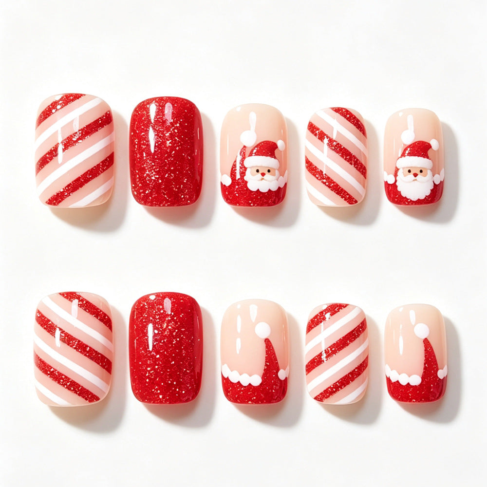 Cute Short Glossy Christmas Press-On Nails, Red & White French Santa Hat Design with Sparkling Glitter Stripes, Festive Holiday Nail Art