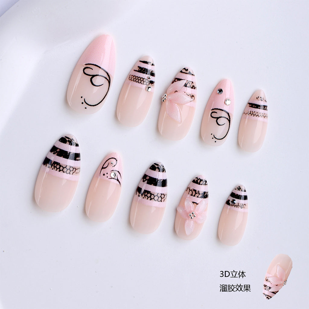 Best-Selling Handmade Short Almond Press-On Nails, Rhinestone 3D Floral & Striped Design, Cute False Nails, French, Sweet & Edgy, Fresh, European & American, Luxe, Instagram Style 💅✨🌸