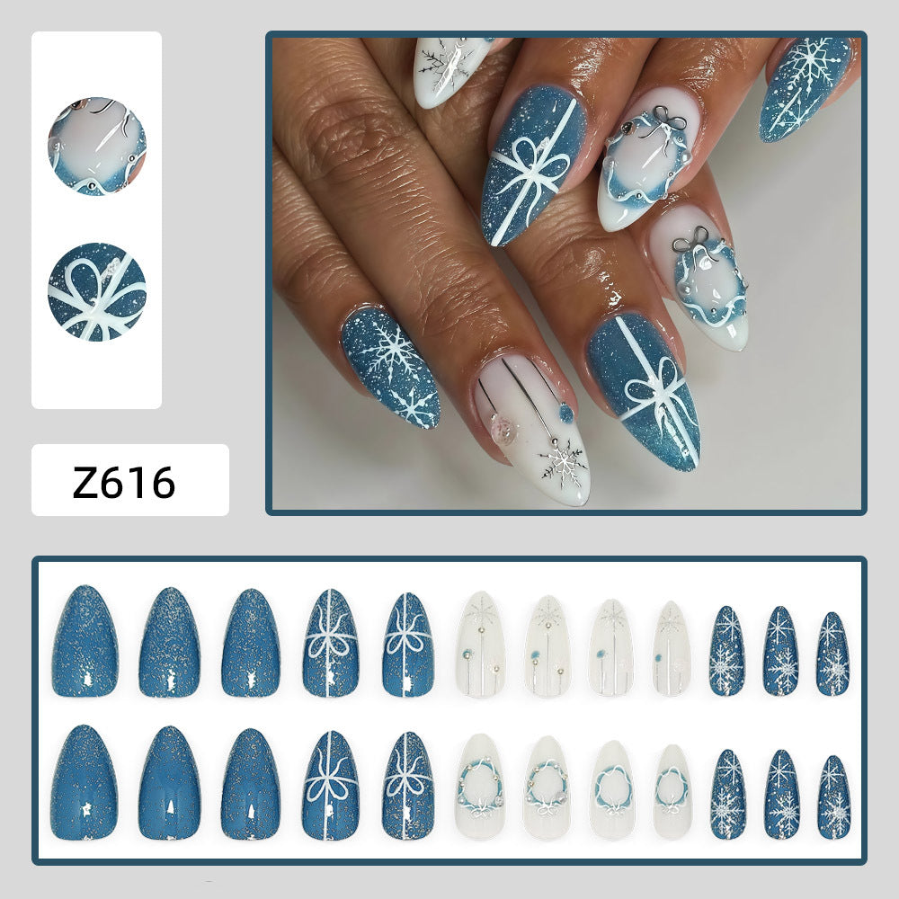 Ice Blue Glitter Christmas Press-On Nails – Hand-Painted Wreath & Rhinestone False Nails, Sparkly Holiday Nail Art, Reusable Christmas Manicure Set