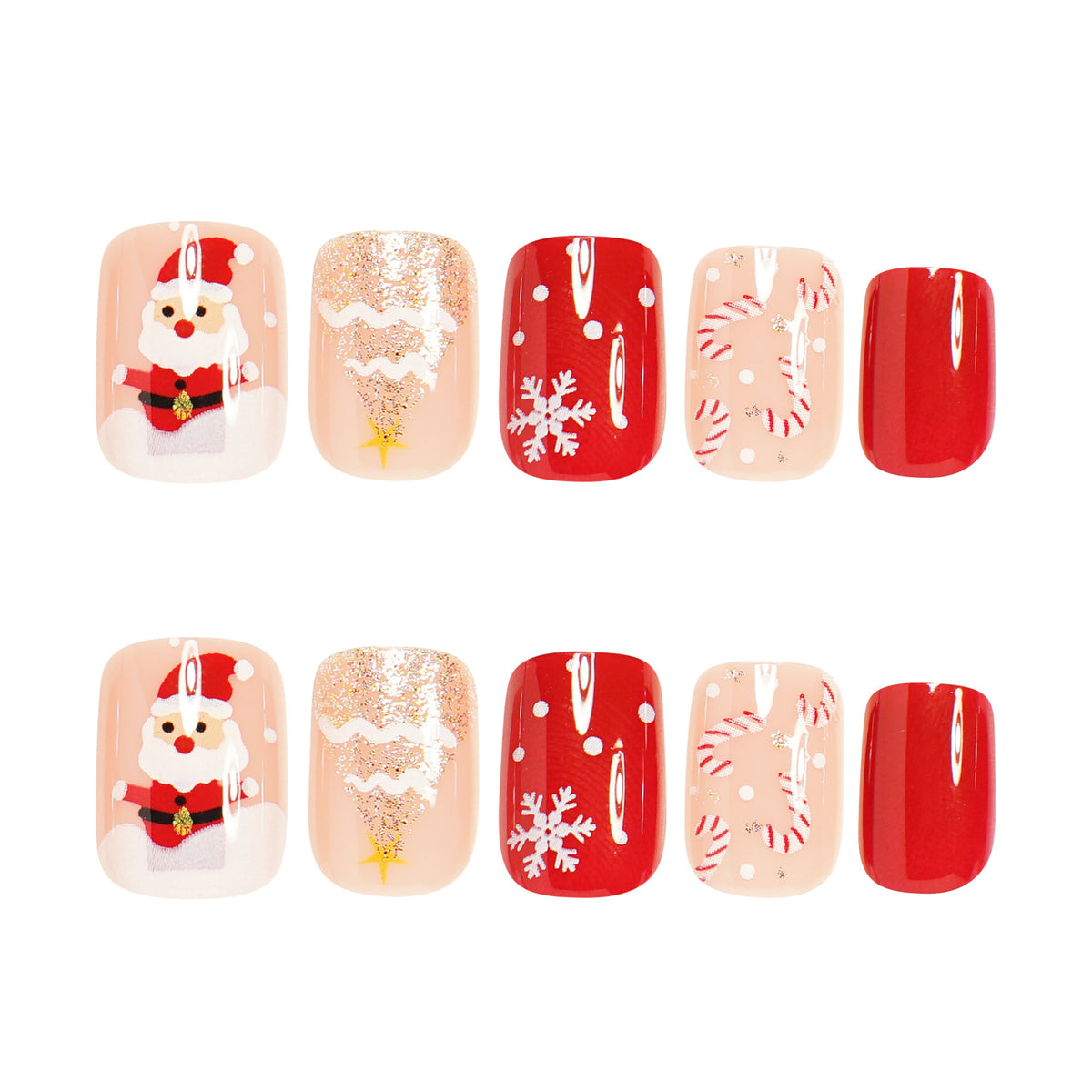 Cute Christmas Press-On Nails for Fall & Winter, Cartoon Santa Claus & Glitter Christmas Tree Design, Brightening Festive Holiday Nail Art