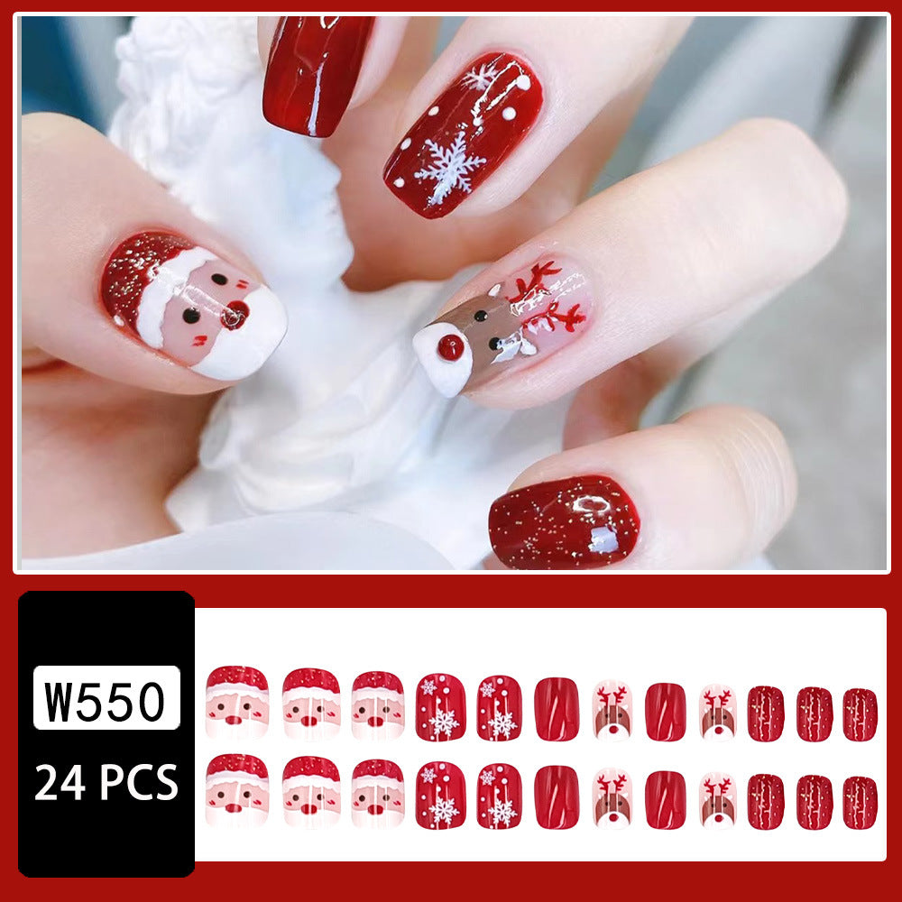 Handmade Christmas Press-On Nails, Cute Red Santa Claus, Reindeer & Snowflake Design, Solid Red Holiday False Nails for Women, Festive Christmas Nail Art