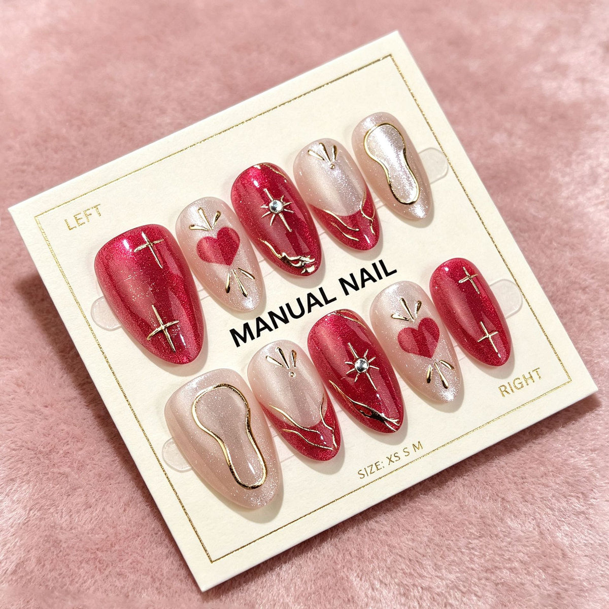 Sweet Heart Cat Eye Almond Press-On Nails with Elegant Gold French Tips – 30-Piece Nail Set