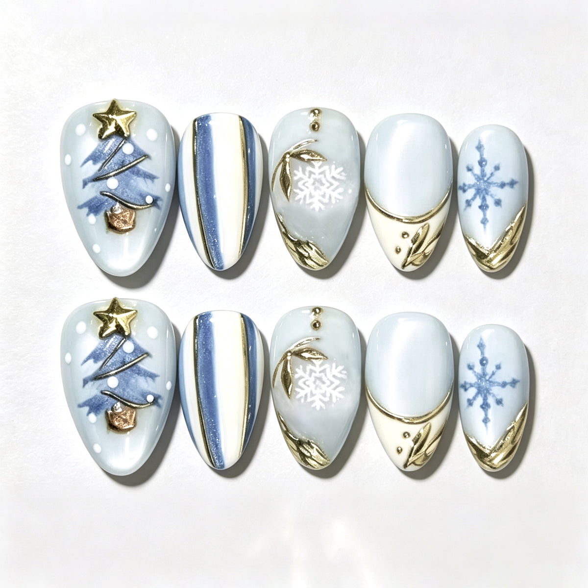 Christmas Gold Almond Press-On Nails – Sparkling Snowflake French Tips & Christmas Tree Design, 30-Piece Set**
