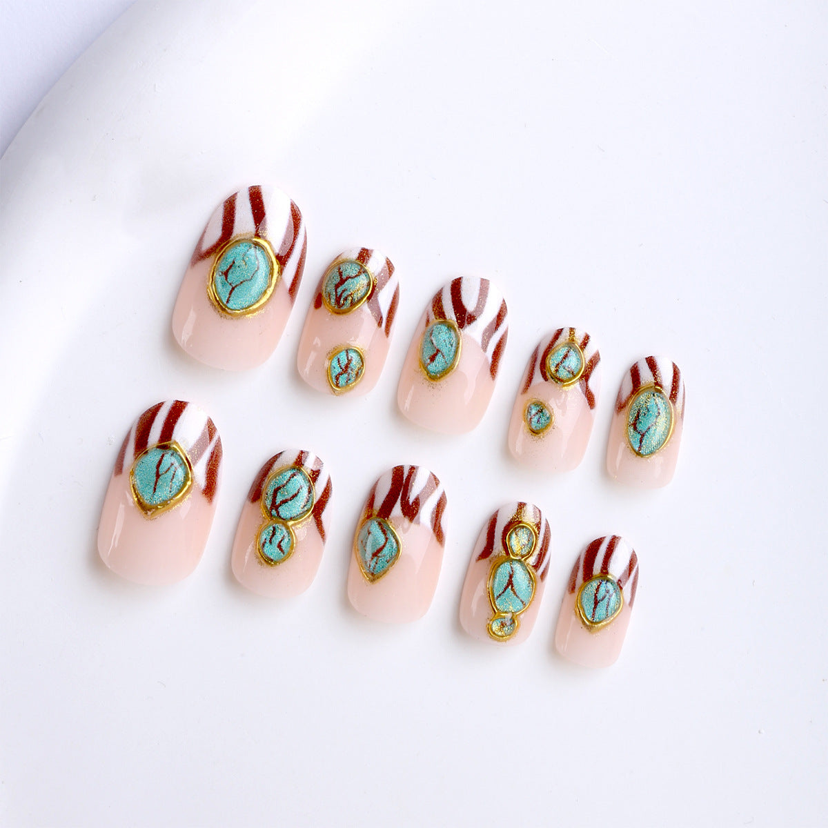 Luxury Handmade Oval Press-On Nails, 3D Turquoise Stripes & Gold French Tips