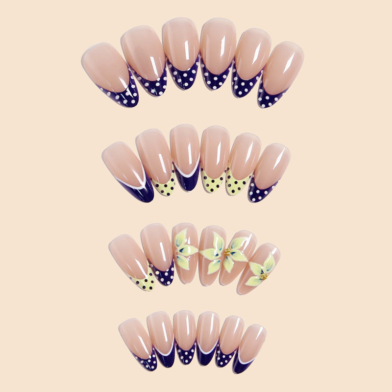 Trending French Tip Press-On Nails, Polka Dot Color-Block Almond Nails, 3D Floral False Nails, Ready-to-Wear Nail Tips 💅🌸
