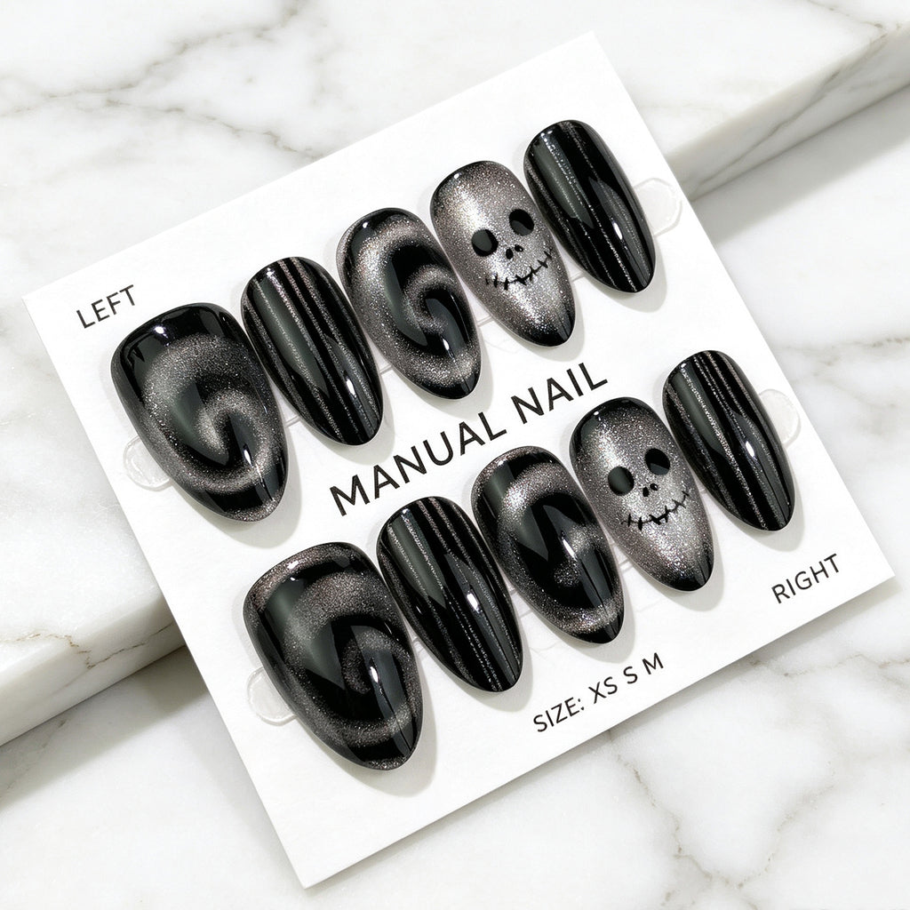 Halloween Black & White Ghost Cat Eye Almond Press-On Nails – Spooky Chic Design, 30-Piece Set