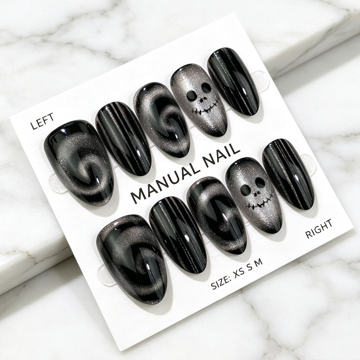 Halloween Black & White Ghost Cat Eye Almond Press-On Nails – Spooky Chic Design, 30-Piece Set