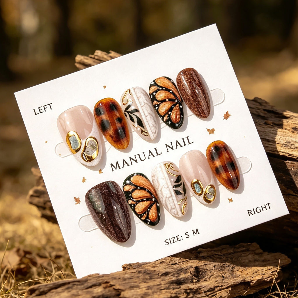 Fall Winter Brown Butterfly Almond Press-On Nails – Elegant Leopard Print & Gold Design, 30-Piece Set
