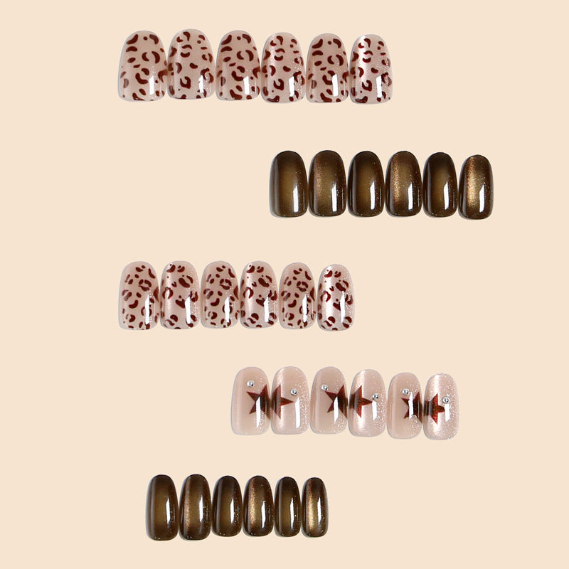 New Leopard Print Press-On Nails, Oval-Shaped Mocha Brown False Nails with Star Design, Trendy Statement Nail Tips for Women