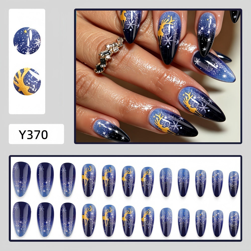 Christmas Reindeer & Snowflake Long Press-On Nails – Blue Gradient Starry Sky False Nail Tips, Reusable Winter Holiday Nail Art Set