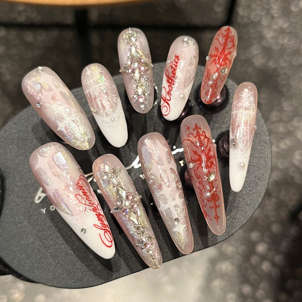 Handcrafted Couture “Judgment Angel” Press-On Nails – Pink & White French Cross Design with Luxe Rhinestone Embellishments