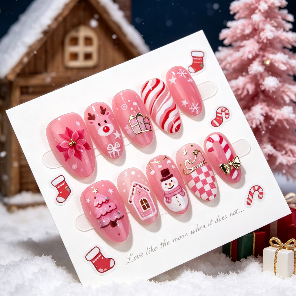 Pink Christmas Tree Almond Press-On Nails with Elegant Bow Design – 30-Piece Set