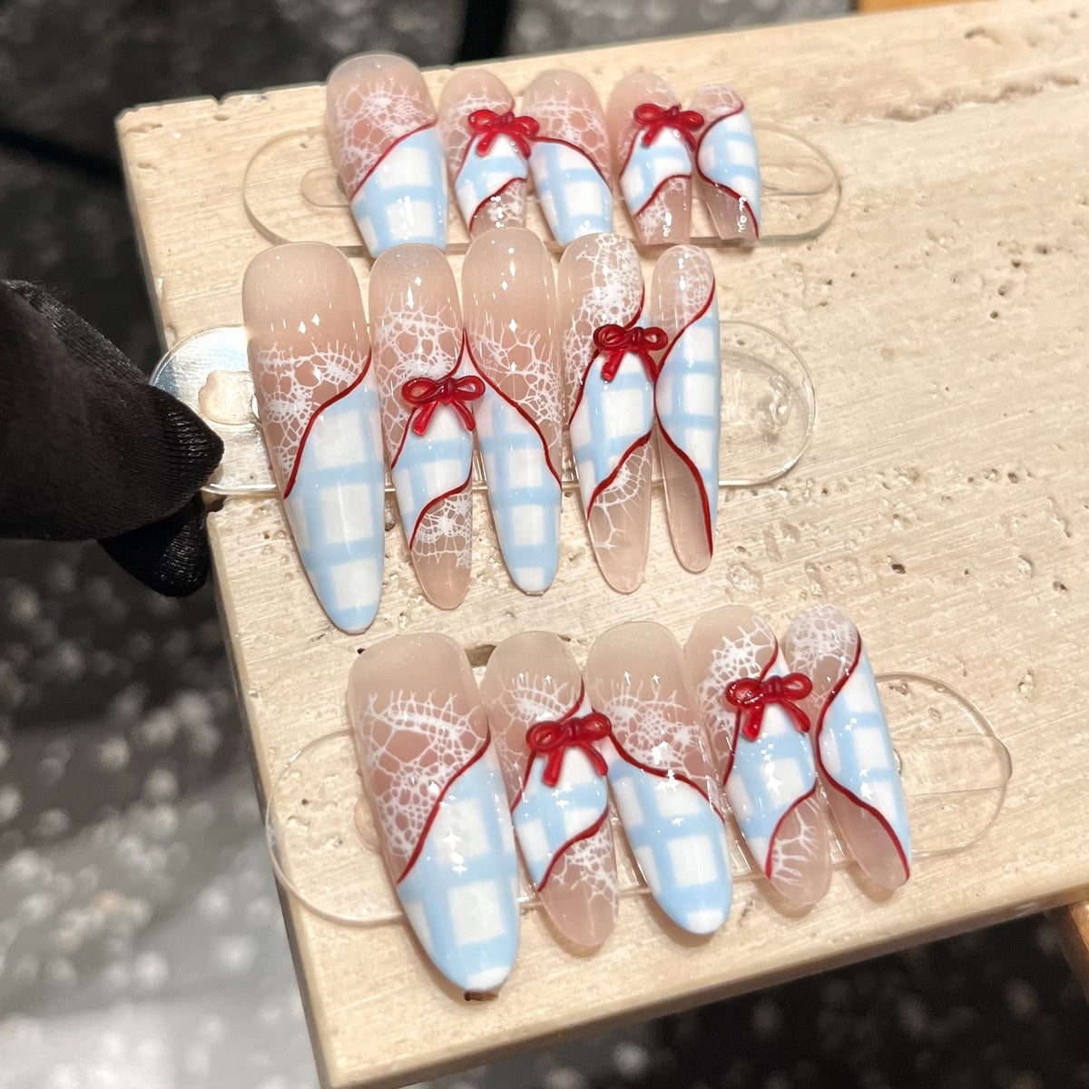 Handcrafted Luxury Blue Plaid Press-On Nails – Blue Lace & Hand-Painted Red Bow Design