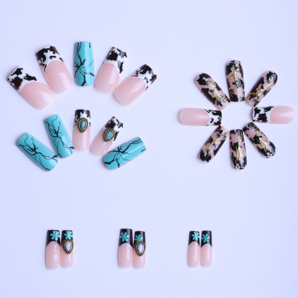 Luxury Handmade Press-On Nails, Sparkling Heart Rhinestone Teal Stripes with Ink-Wash White Tips, High-End Statement Nail Art