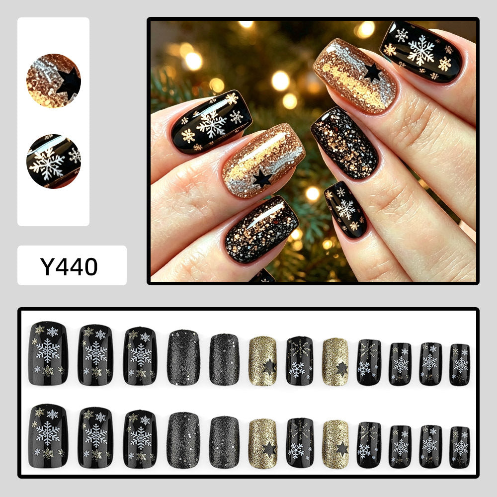 Christmas Press-On Nails – Dark Glitter Snowflake Nail Art, Reusable & Removable False Nail Tips, Ready-to-Wear Holiday Manicure Set