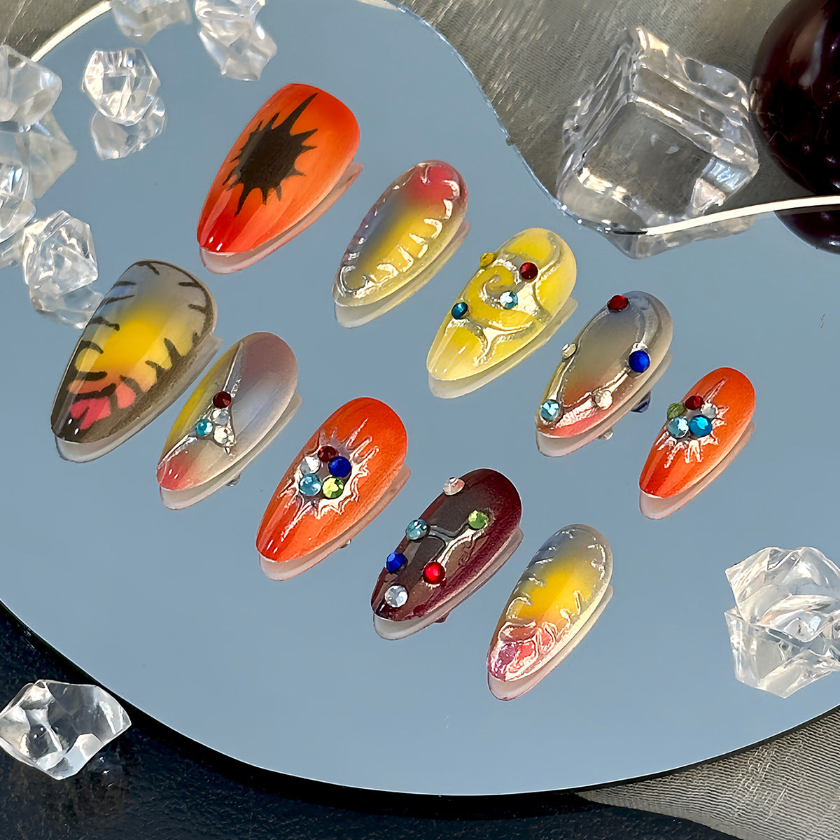 Luxury 3D Embossed Rhinestone Press-On Nails, Handmade Rainbow Almond Fake Nails, Edgy Punk Statement Manicure Set, Glamorous Decorative Nail Tips for Women