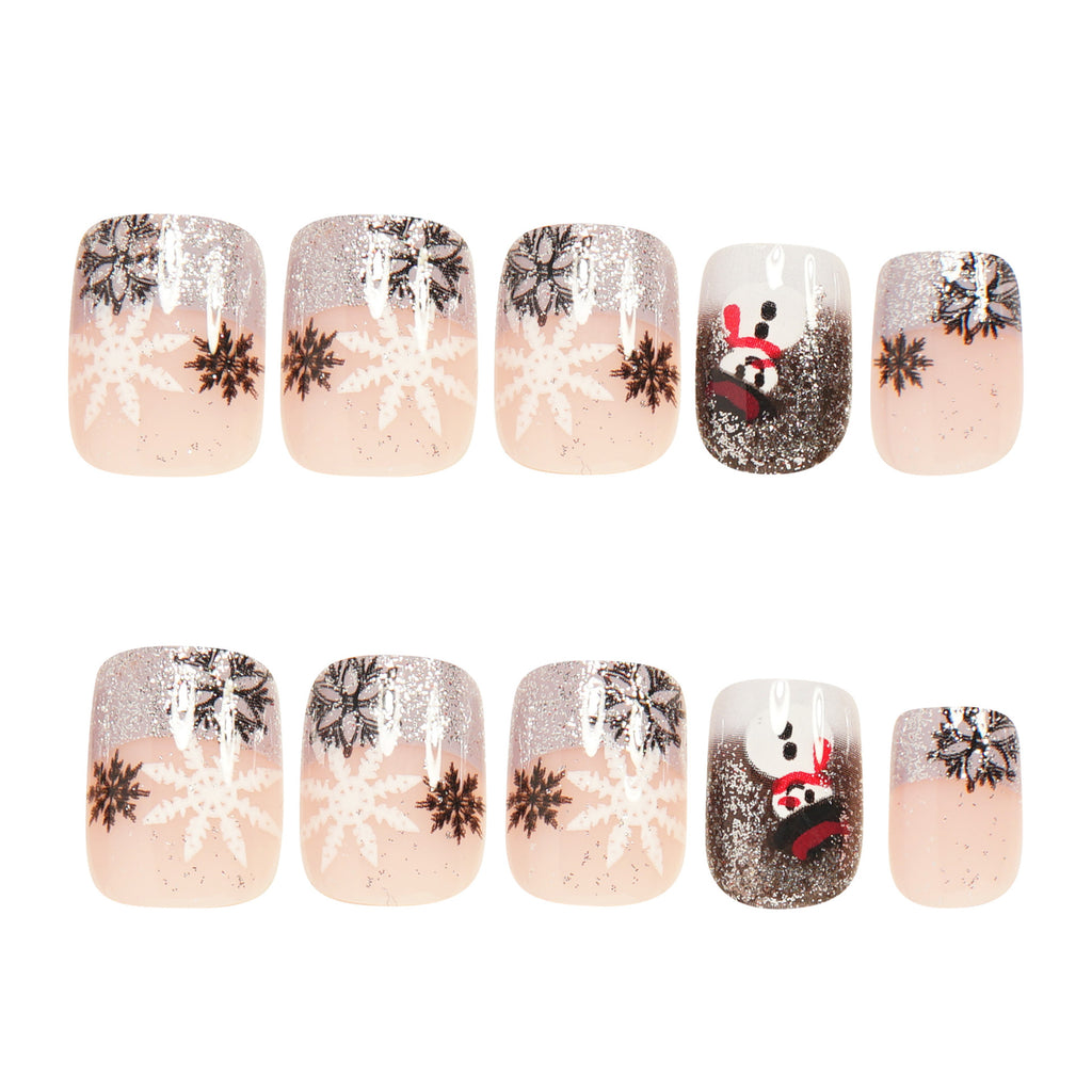 Christmas Snowman & Snowflake French Press-On Nails, Black and White Cute Nails with Silver Glitter, Festive Winter False Nails for Women