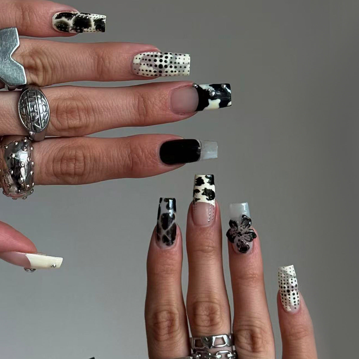 3D Embossed Cow Print Press-On Nails, Handmade Medium Square Fake Nails, Cute & Edgy Sweet Style Manicure Set, Versatile Statement Nail Tips for Women