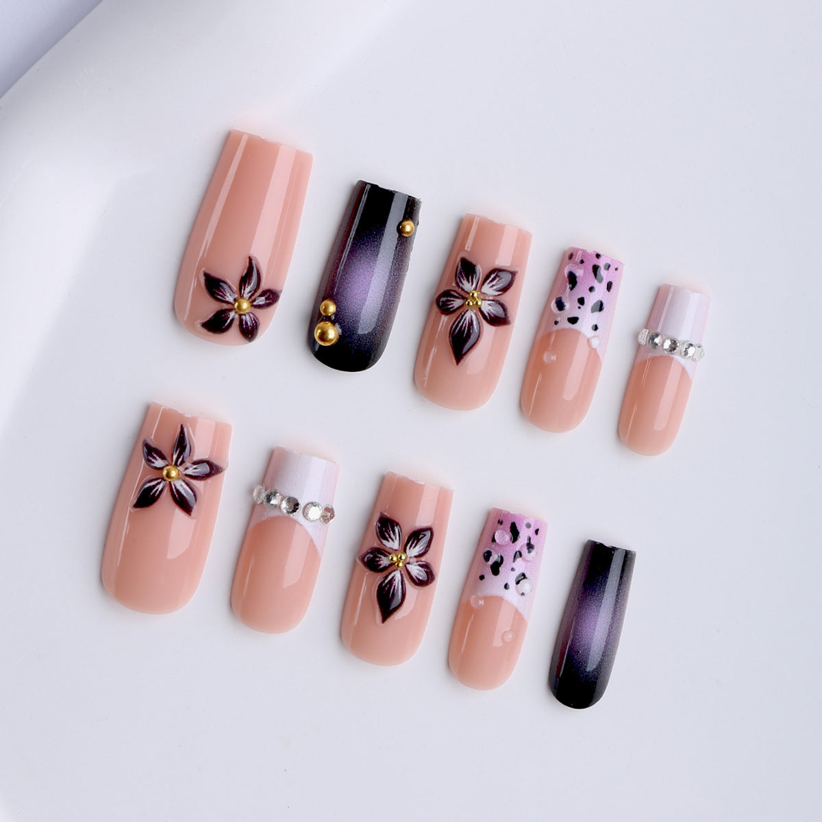 Long Fall Winter Ombre Leopard Press-On Nails, Handmade Rhinestone Accents with 3D Floral Embellishments